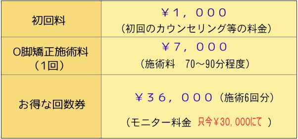 奈良県生駒市のまるふく総合整体院のO脚矯正　施術料金表