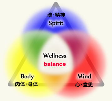 body（肉体）-mind（心）-spirit（魂・精神)の図