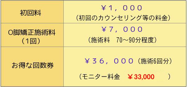 奈良県生駒市のまるふく総合整体院のO脚矯正 施術料金表