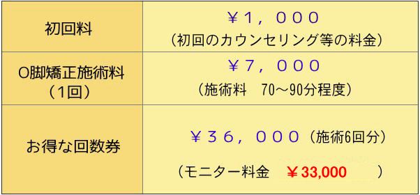 奈良県生駒市のまるふく総合整体院のO脚矯正　施術料金表