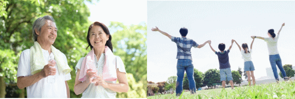 健康で活力ある人達 老夫婦と若い家族