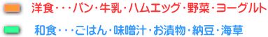 洋食・・パン・牛乳・ハムエッグ・野菜・ヨーグルト　　和食・・ごはん・味噌汁・お漬物・納豆・海草